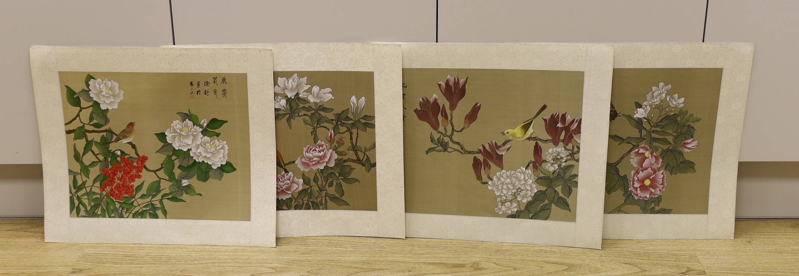 Chinese School, late 20th century, four paintings on silk “Or butterflies amid blossoming branches, 30 cm X 36 cm